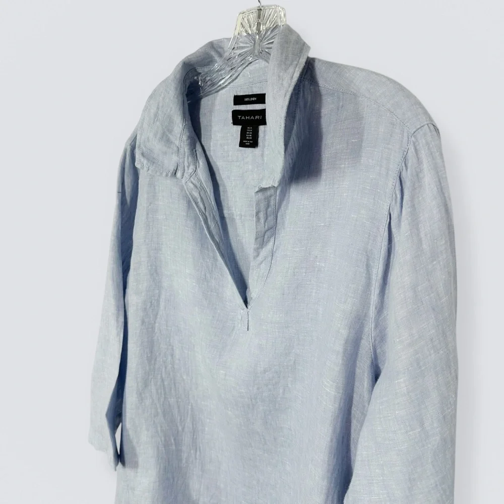 Tahari Blue White Striped 100% Linen 3/4 Sleeve Tunic Top Plus Size 1X Coastal